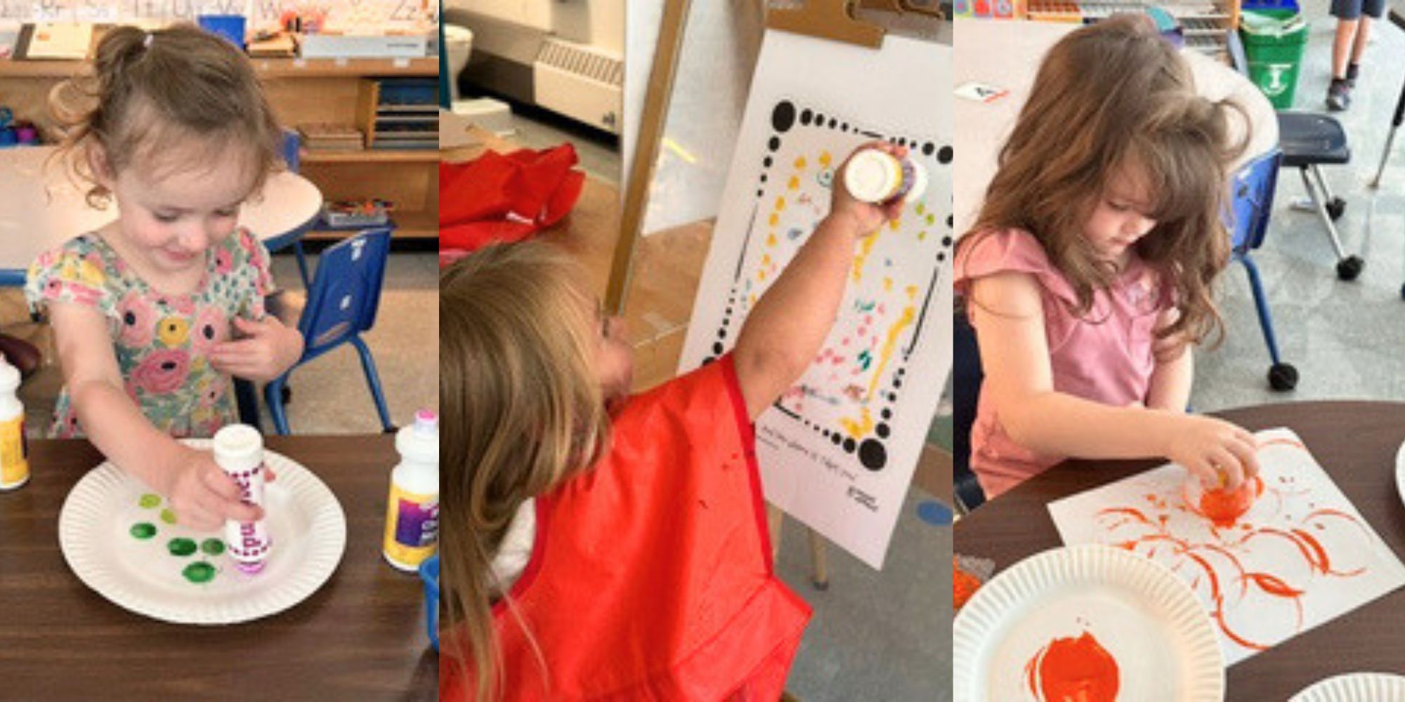 Three images of young girls engaged in an art activity. One holds a paintbrush, another uses a bottle of glue.