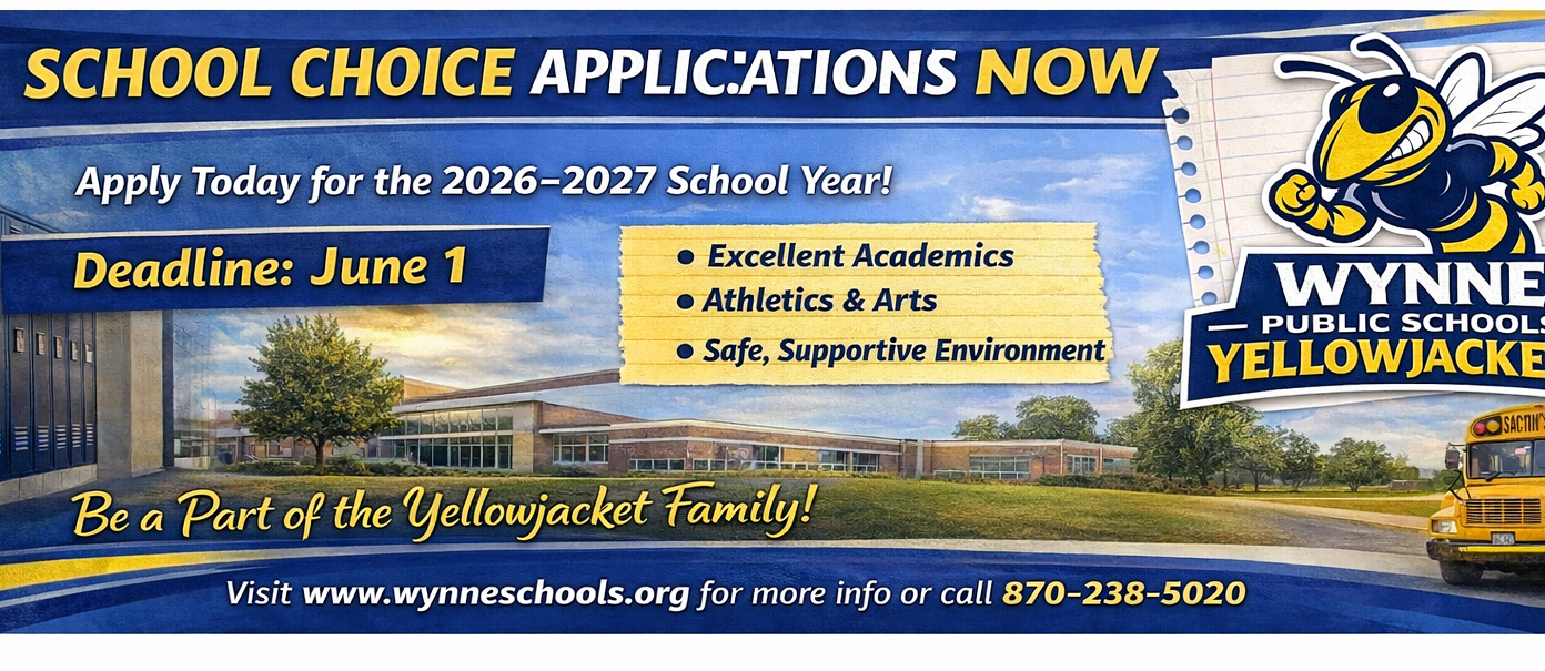 Advertisement for school choice applications featuring a school building, a bee, a yellow bus, and information about academics, athletics, arts, and environment.
