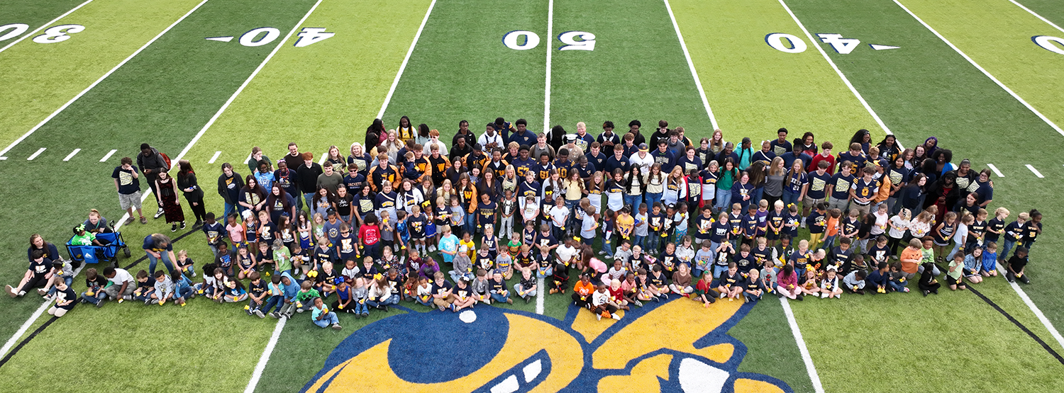 Group of people forming a circle on a football field with a large bee mascot in the center.