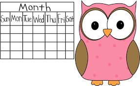 Clip art picture of a calendar with a pink owl.