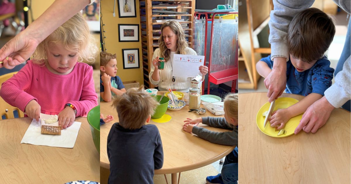 Three children engaged in various activities. One uses a knife, another sits at a table, and the third holds a book.