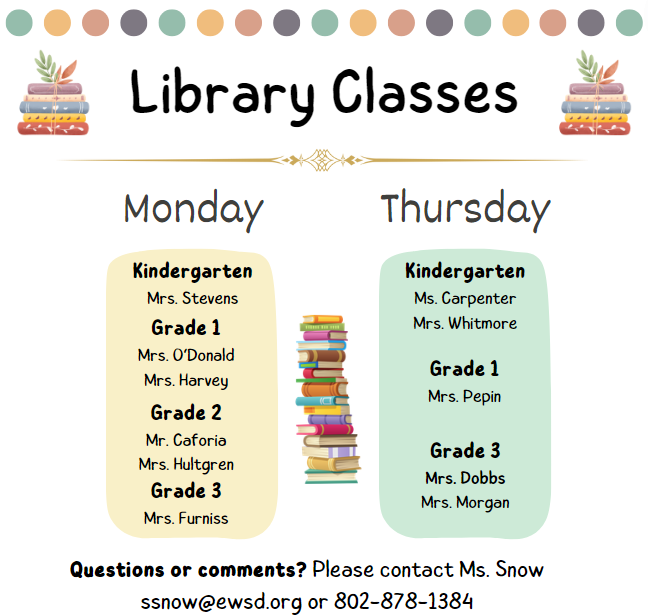 This image provides a schedule for library classes at Hiawatha Elementary School.