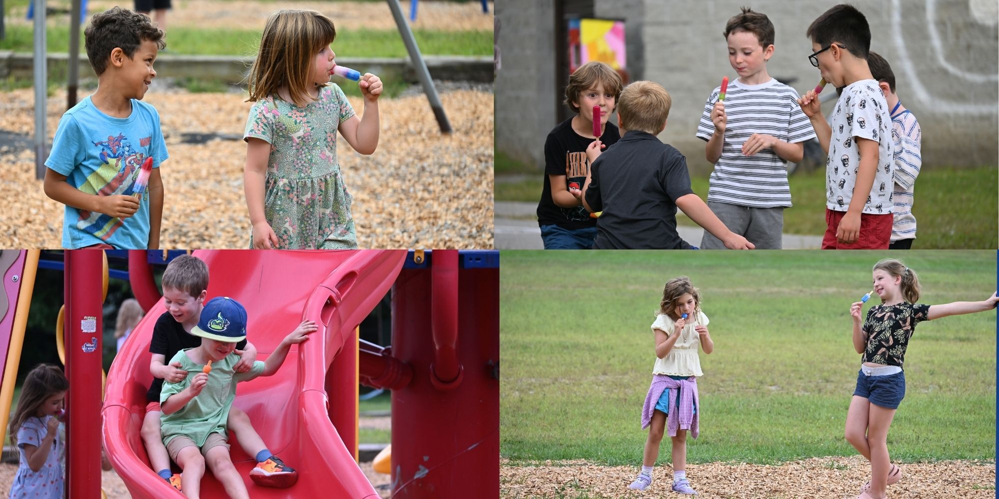 A collage of children at a playground. Some play on slides, others eat ice cream. A girl stands with arms outstretched.