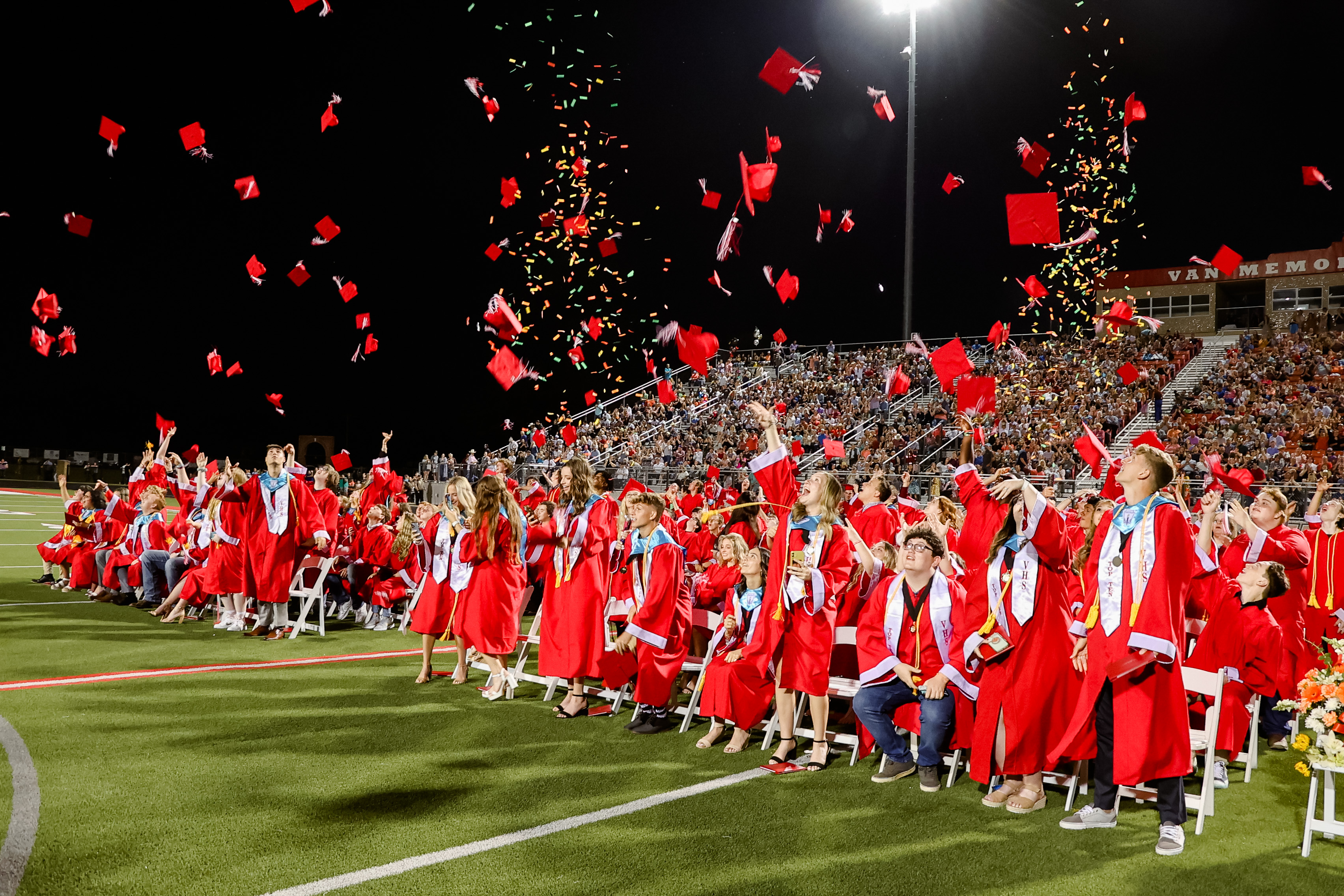 high school graduates throw their caps in the air