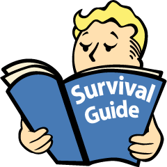 Animate person reading a book called "Survival Guide"