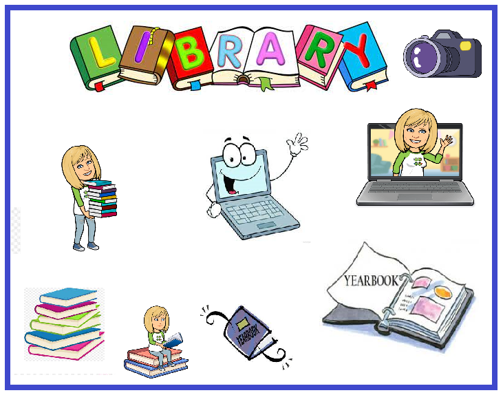 Image with clip art of librarians, Library in bold letters, yearbooks, and computers