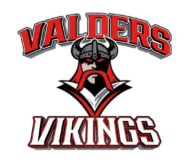 word Valders Vikings surrounding an image of a red and black viking