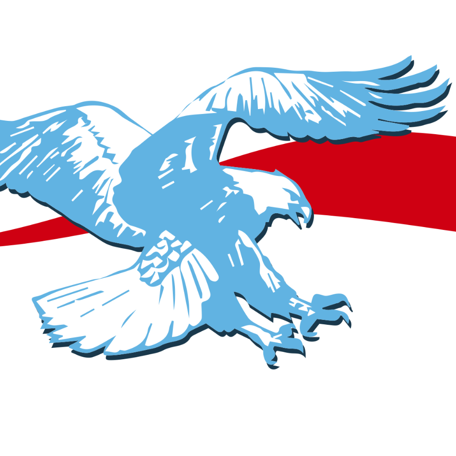picture of blue eagle flying in front of a red banner