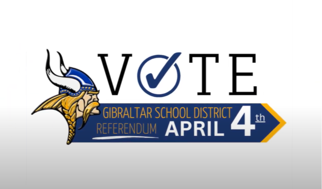 Gibraltar Viking Logo and  Blue Arrow with  Gibraltar School District Referendum and Vote April 4th