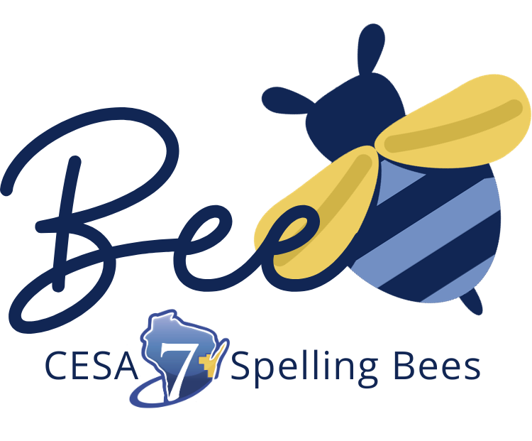 Blue and yellow bee image with Bee script. CESA 7 Spelling Bees