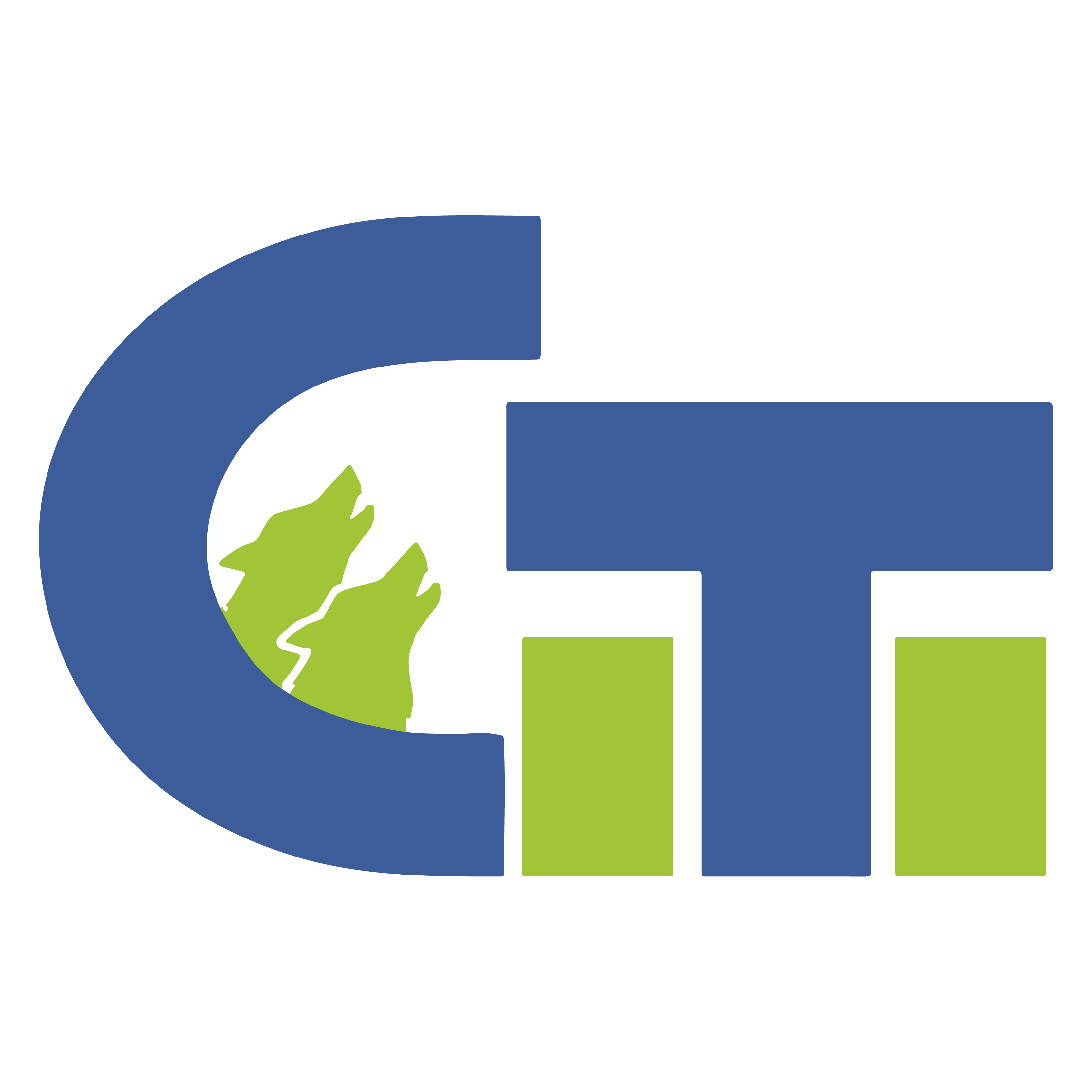 CITI logo. Large capital letters in blue and green on the left CITI. with silhouette of two wolves heads howling up in the big C.