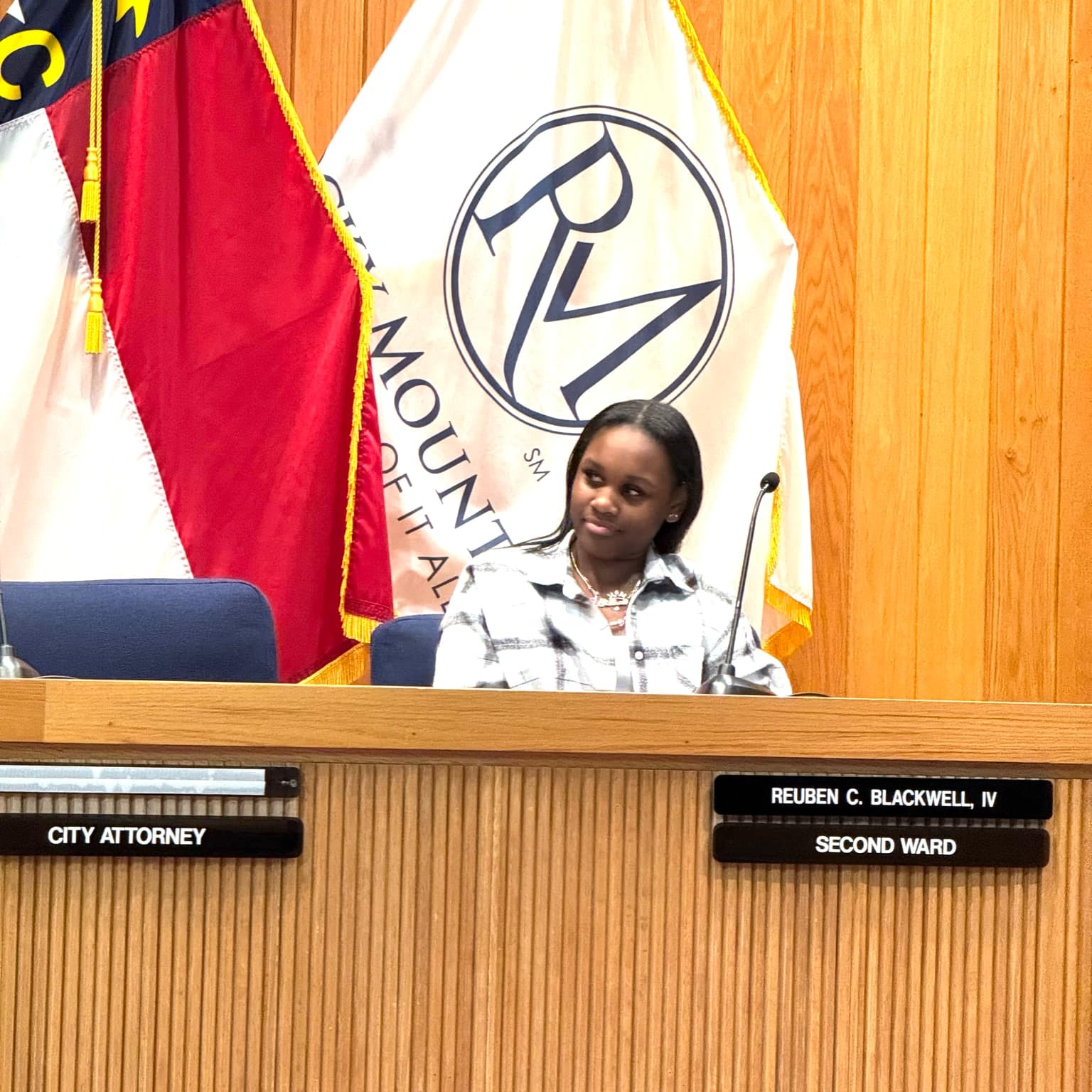 Amiya White seated on the Rocky Mount City Council for a day