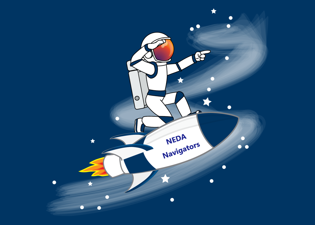 NEDA Navigators; image of an astronaut standing on a rocket