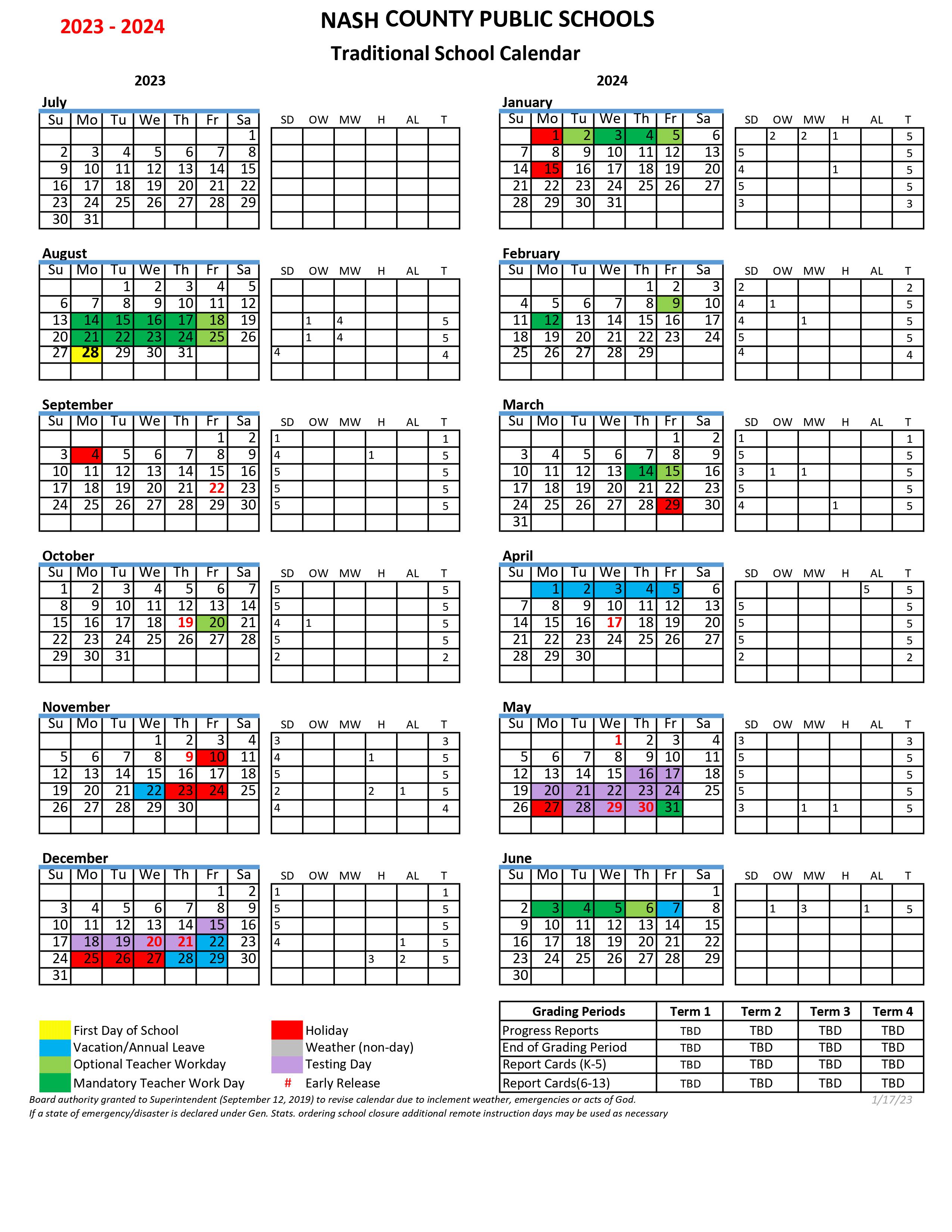 Nash County Public Schools Traditional Calendar