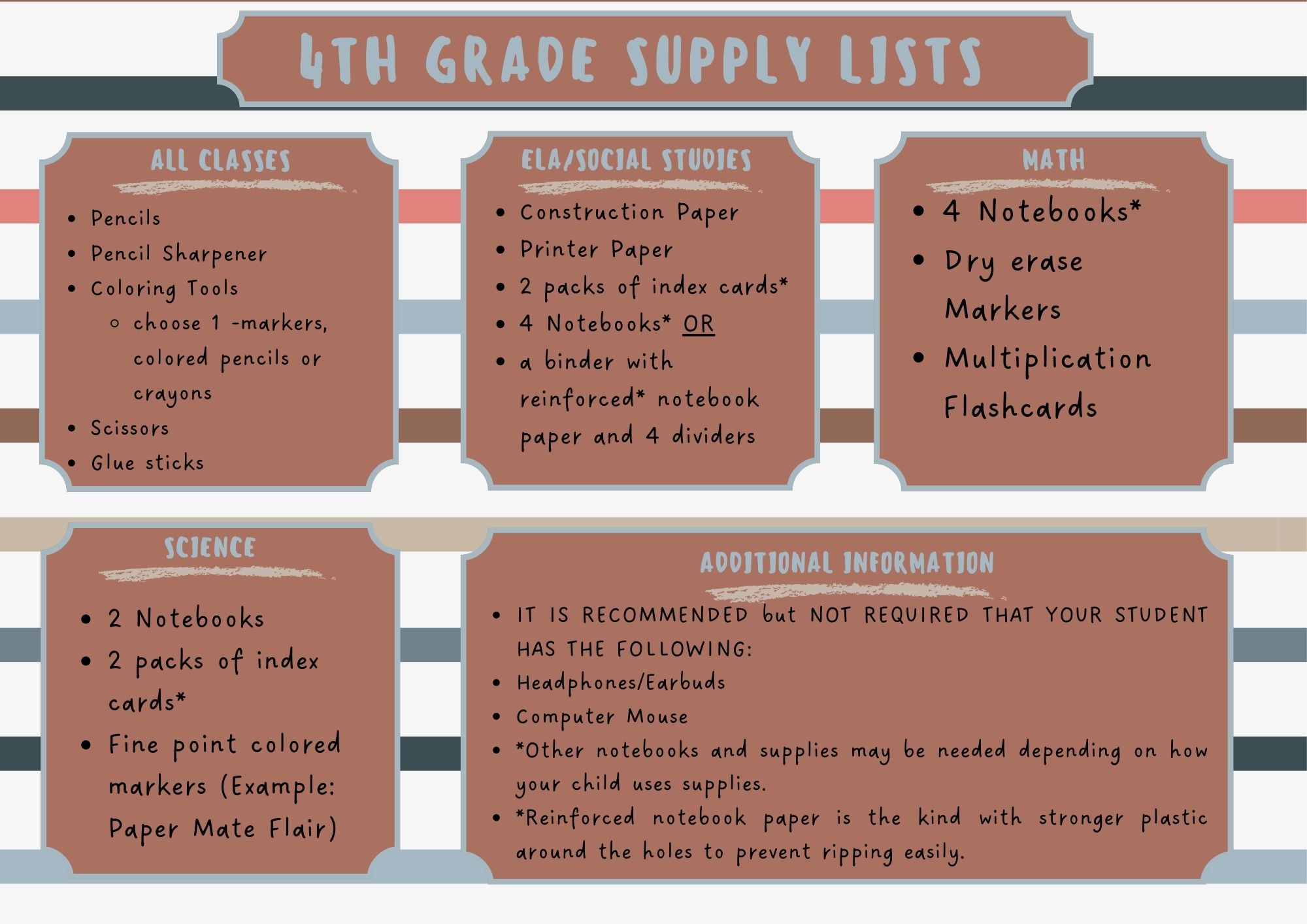 4th Grade Supply Lists