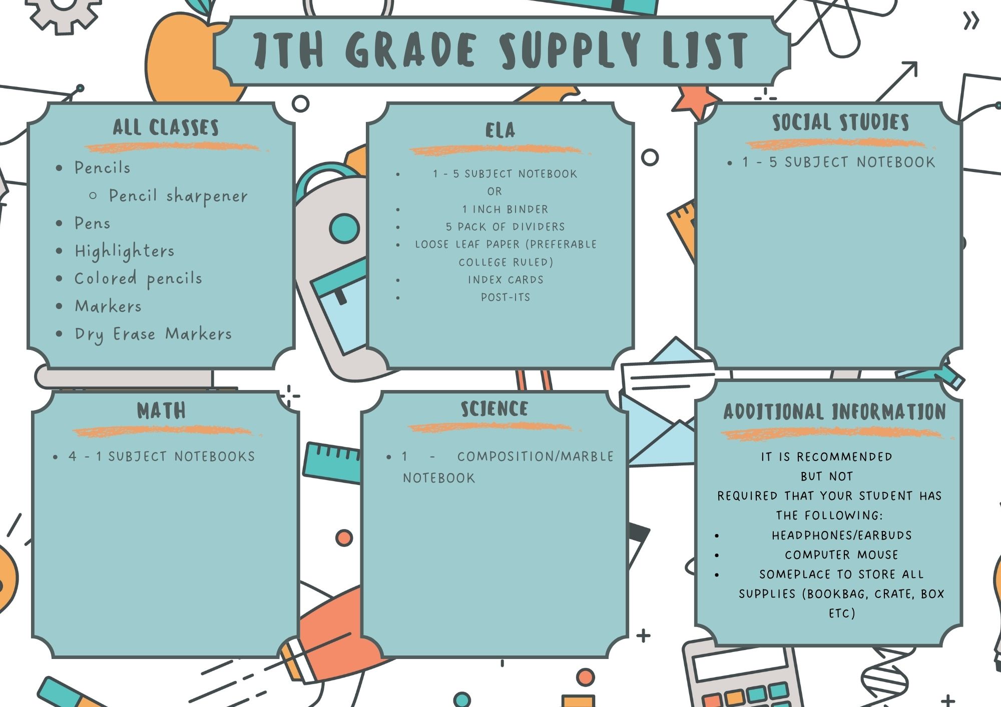 7th Grade Supply Lists