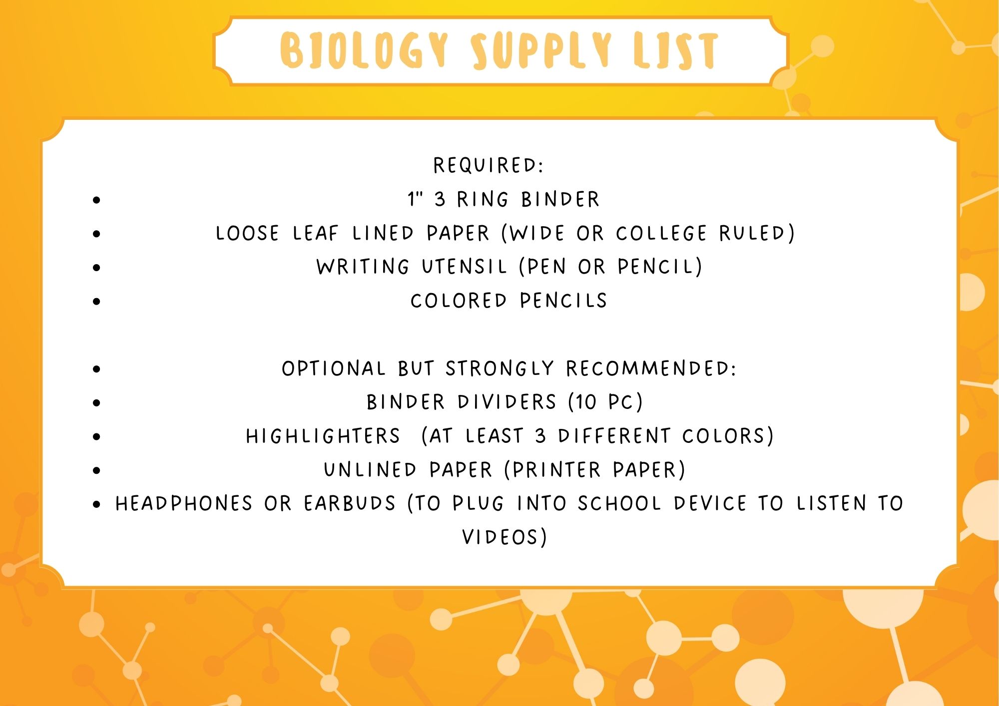 Biology Supply List