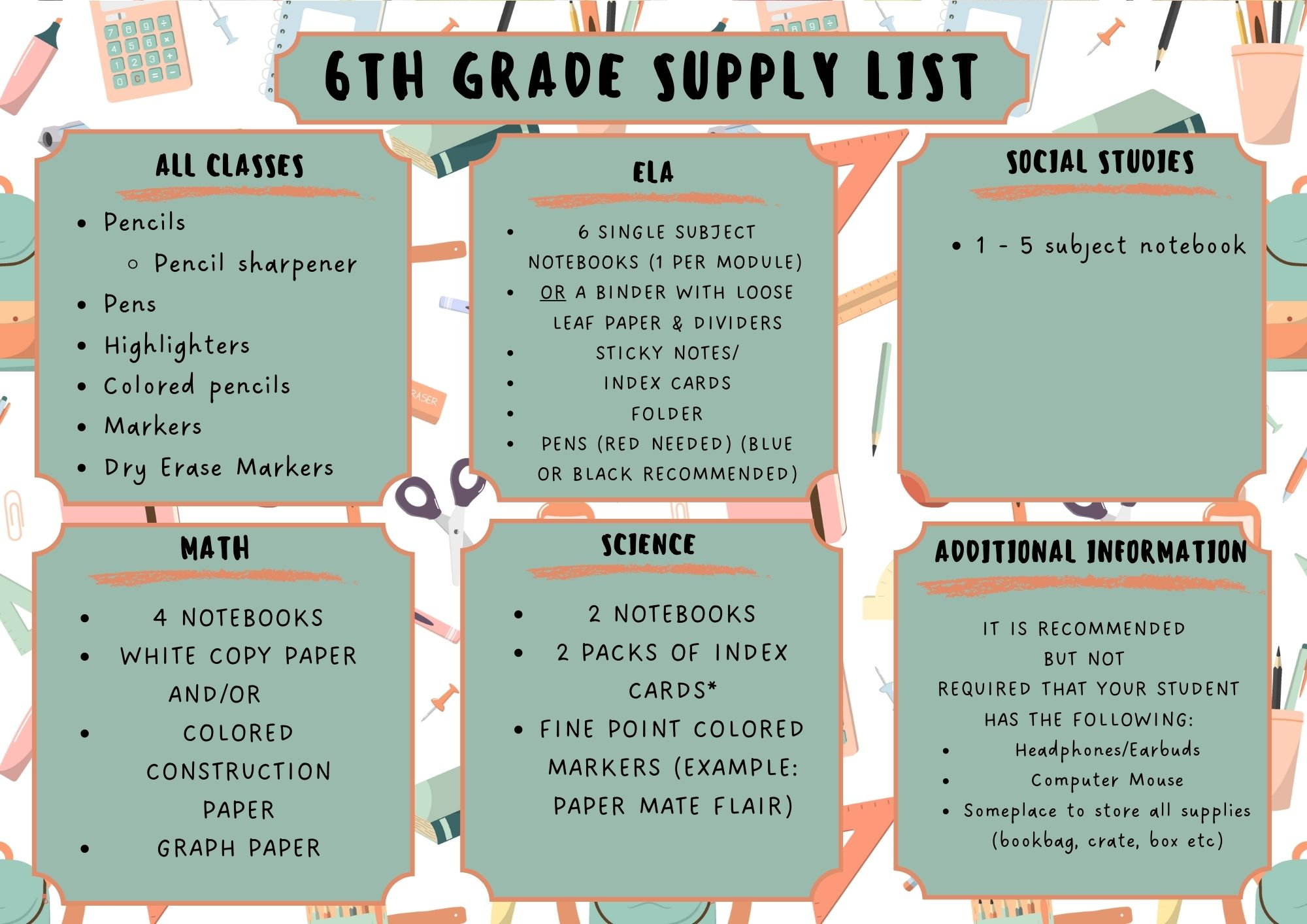6th Grade Supply Lists