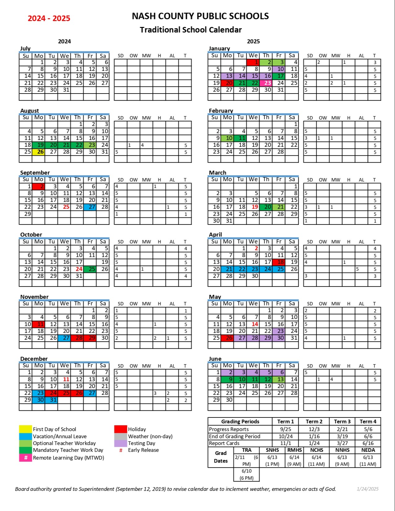 Nash County Public Schools Traditional Calendar