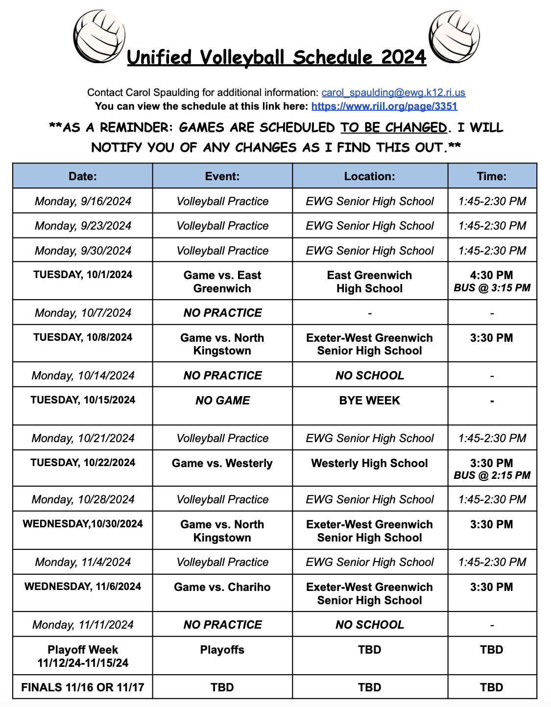 Unified Volleyball Schedule