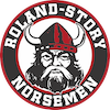 Black and red circular emblem with a Viking warrior, horned helmet, and beard in the center. Text reads "Roland-Story Norsemen".