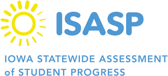 A white background features a yellow sun with rays and the blue text "ISASP" and below it "IOWA STATEWIDE ASSESSMENT OF STUDENT PROGRESS".