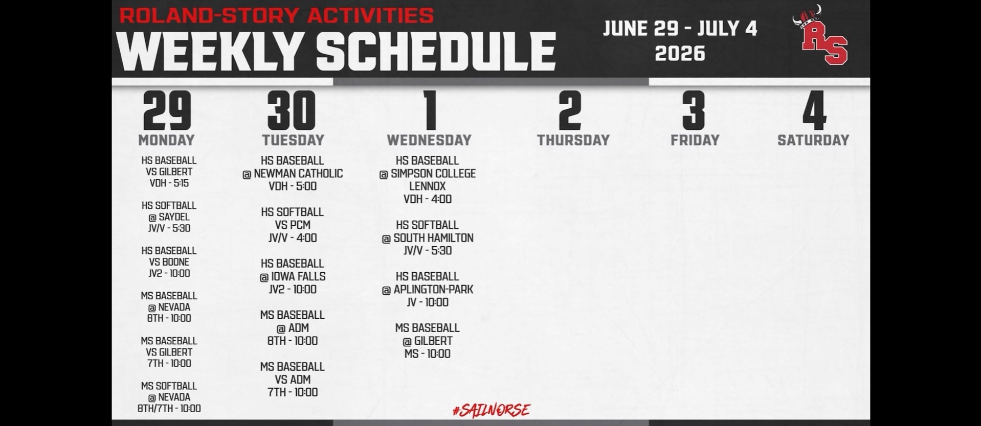 Weekly schedule for Roland-Story activities from June 29 to July 4, 2020. Dates are listed in a row with activities.