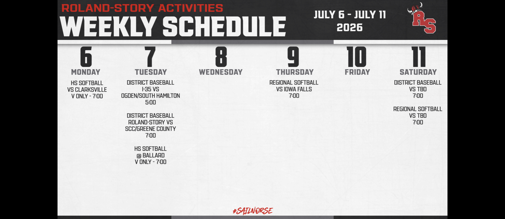A schedule with activities from July 6 to July 11, 2026, featuring dates, days of the week, and event names.