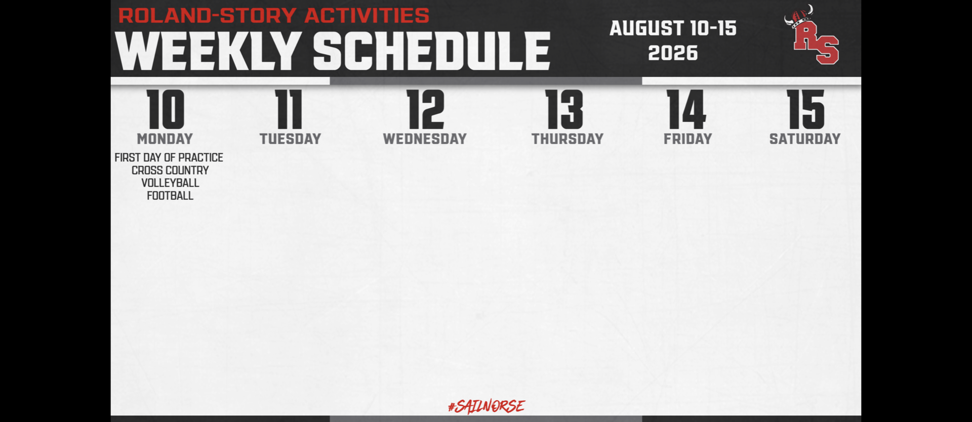 Calendar for Roland-Story activities from August 10-16, 2020. Days of the week and dates are listed.