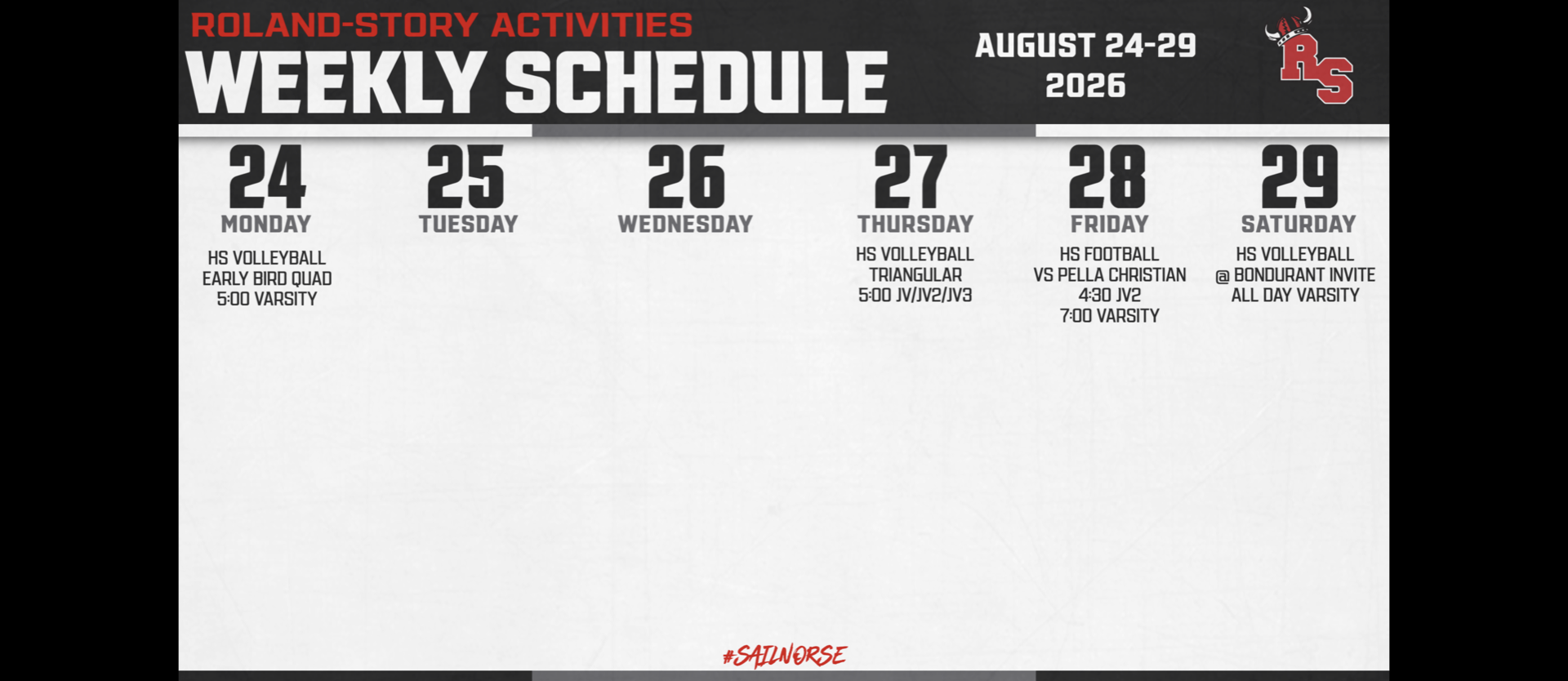 A weekly schedule displays dates August 24-29, 2026. Activities include volleyball, basketball, and soccer on various days.