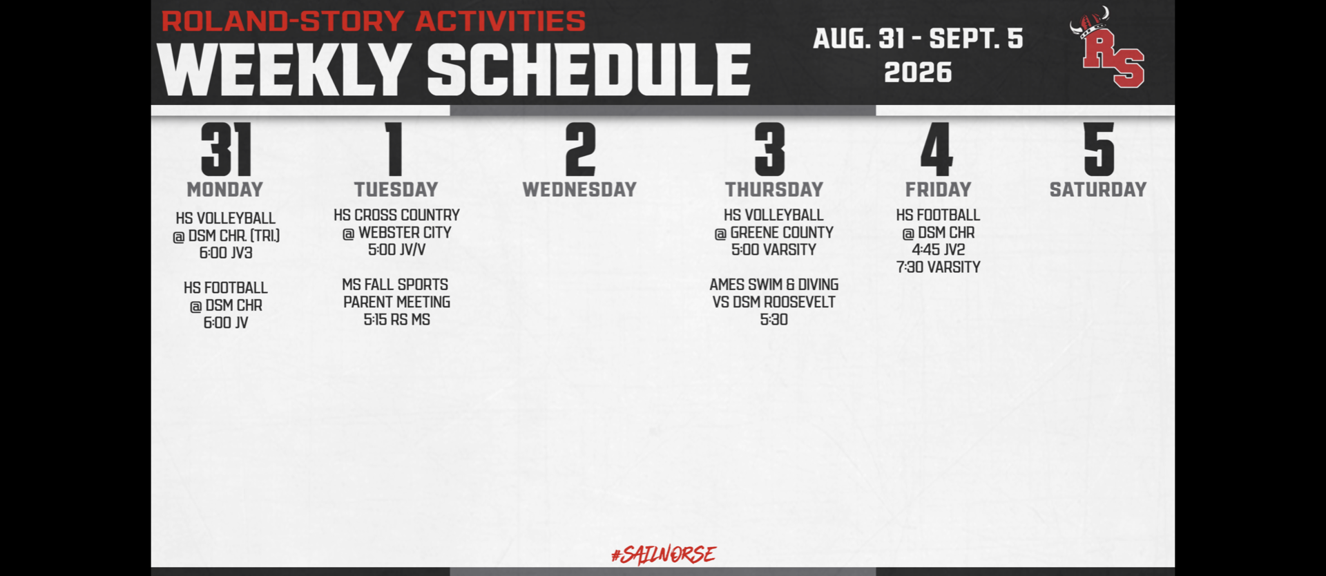 A weekly schedule from August 31 to September 5, 2026. Each day has a number and activities listed.
