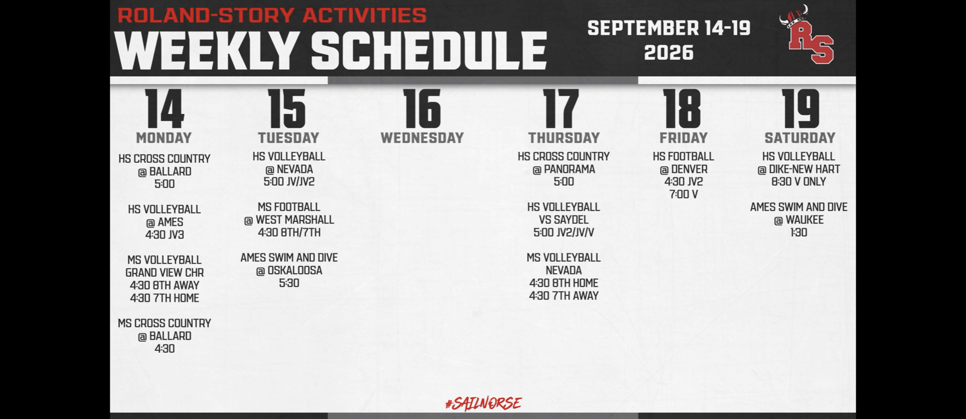 A weekly schedule for Roland-Story activities from September 14-19, 2020. Each day lists a different activity.