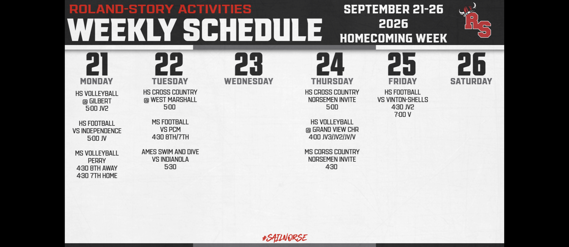 A white page displays a schedule for September 21 to 26, 2020. Activities listed include football games.