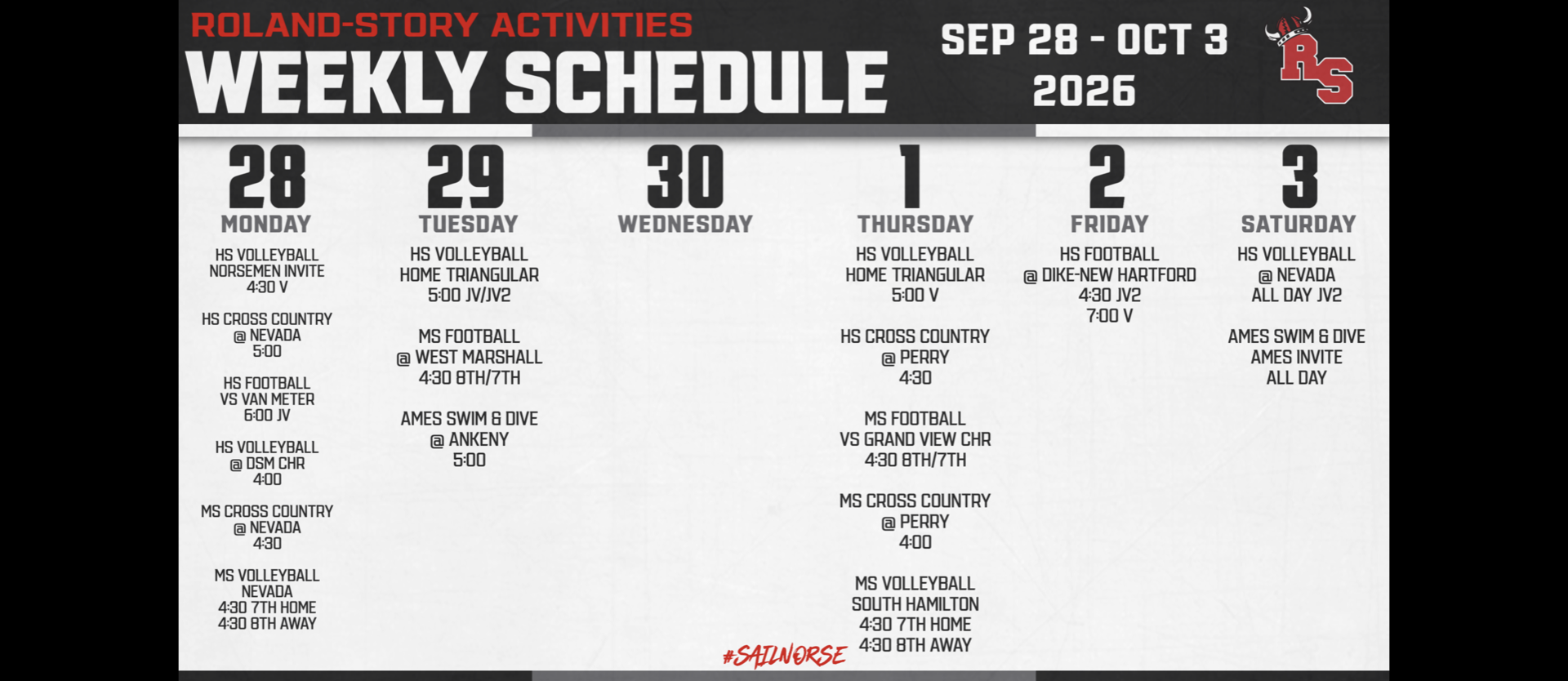 A schedule for Roland-Story activities from September 28 to October 3, 2026. It lists days and activities.