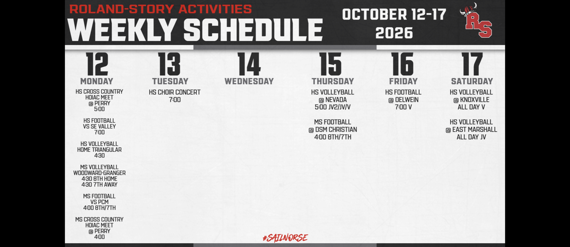 A weekly schedule poster for Roland-Story Activities from October 12-17, 2026, with events listed for each day.