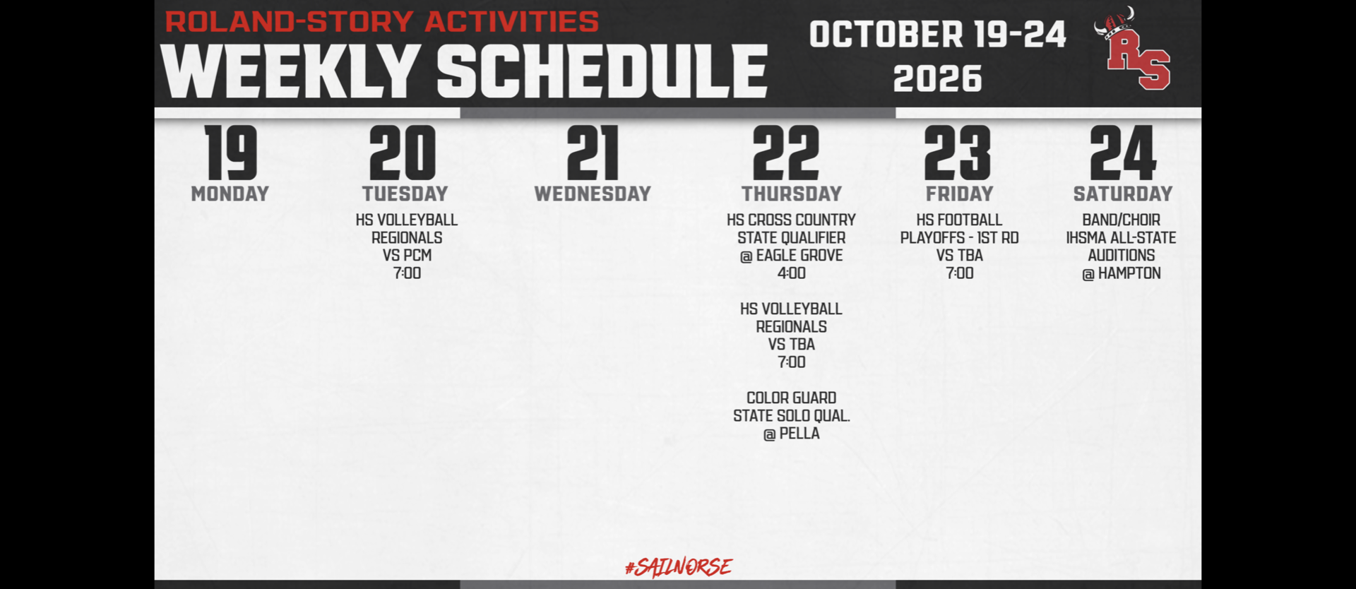 Weekly schedule for October 19-24, 2026. Dates and activities listed for each day.