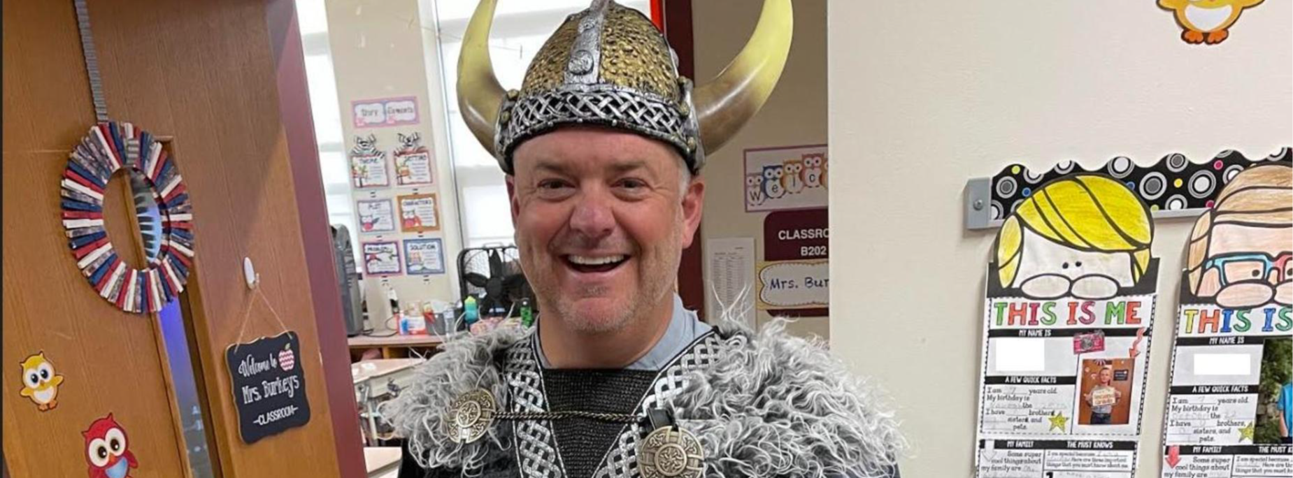 Mr. Bryer dressed as a viking for halloween