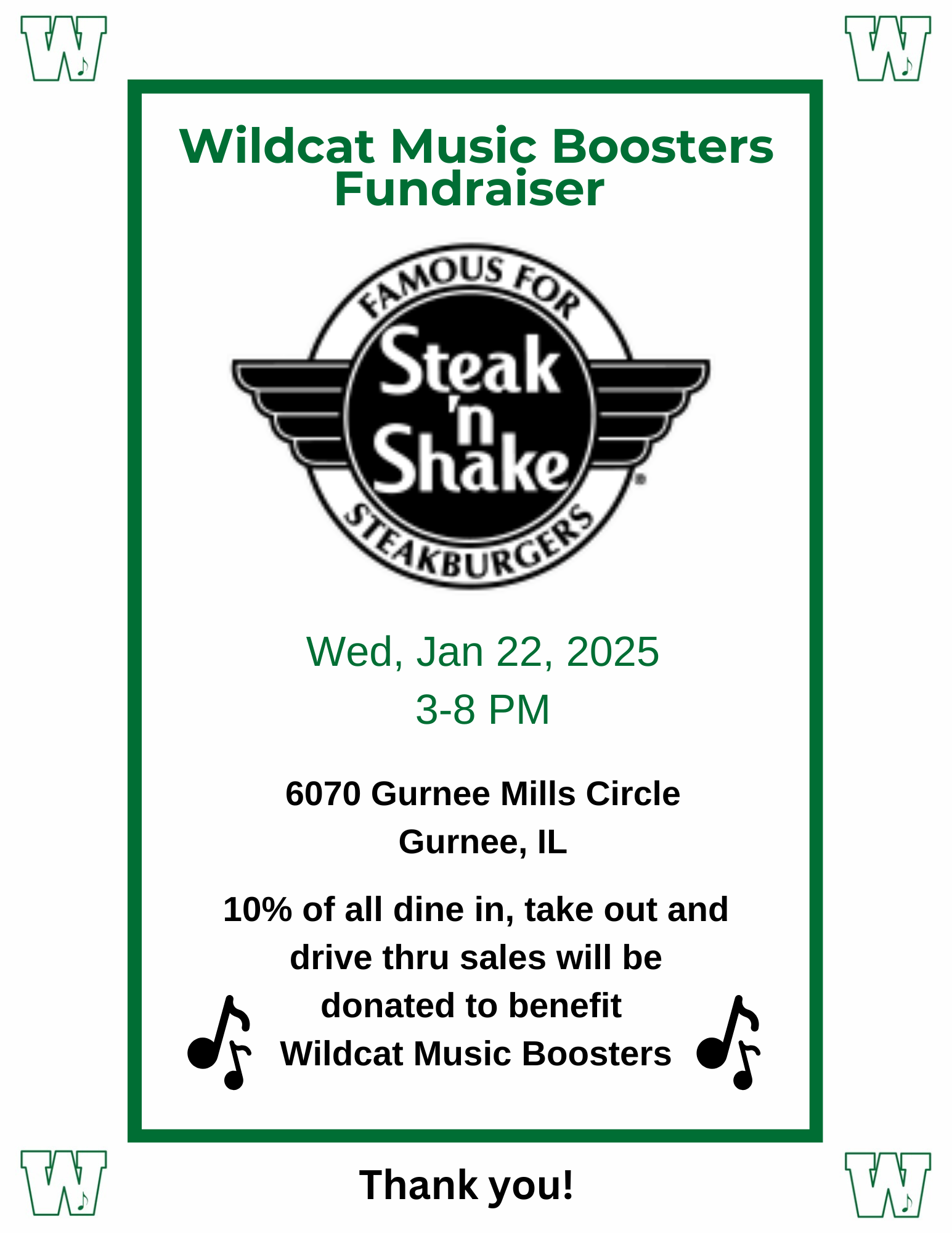 Steak n Shake Fundraiser. Jan 22, 3-8pm Gurnee