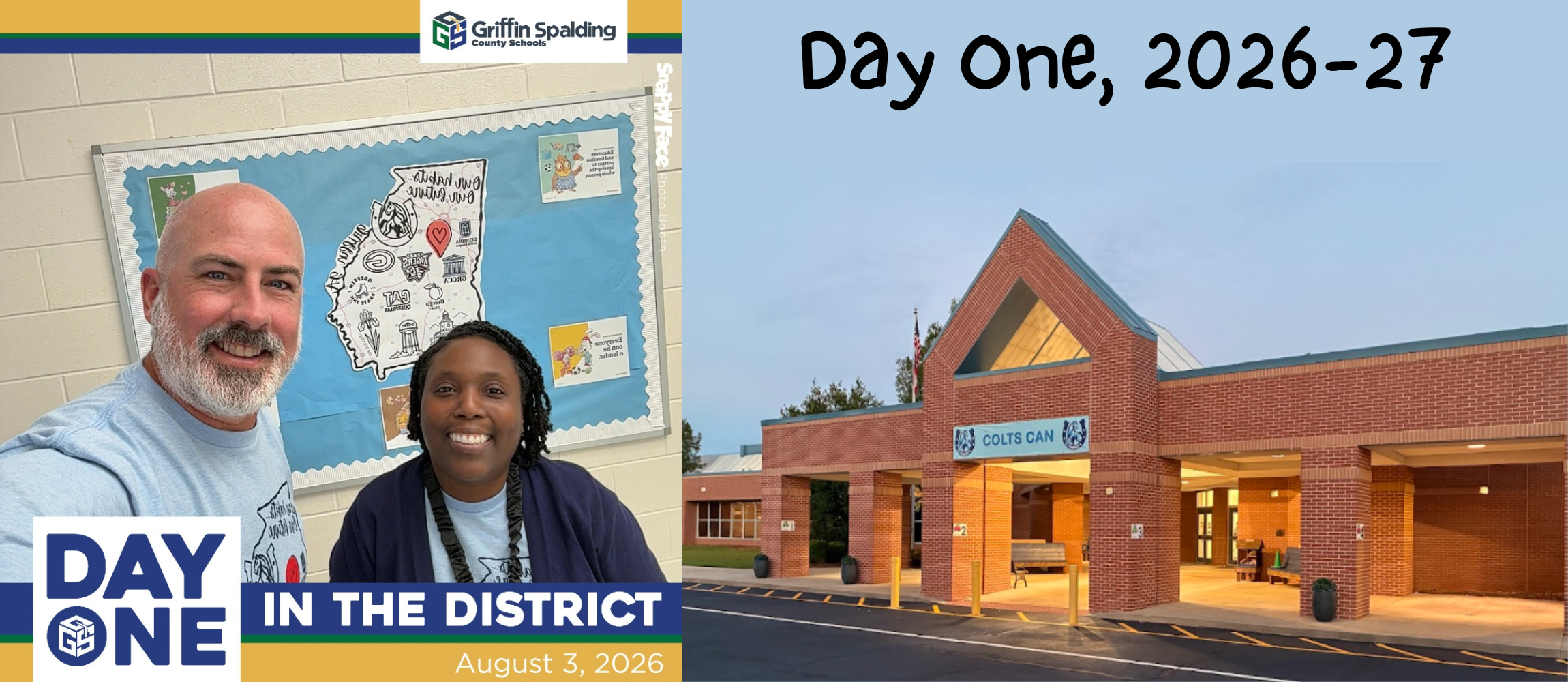 collage: Day One, 2026-27: administrators and front of building