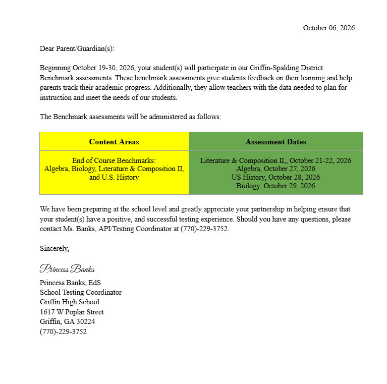 Fall benchmark assessment parent letter