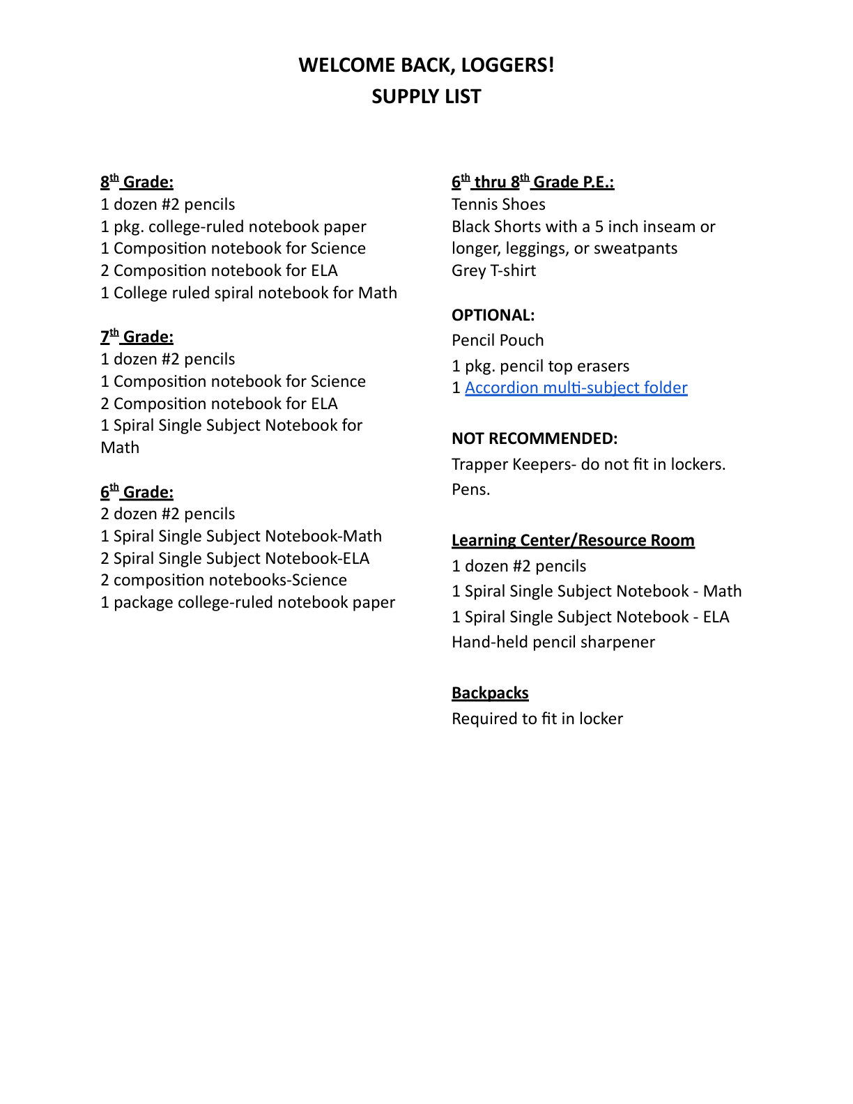 Middle School Supply List