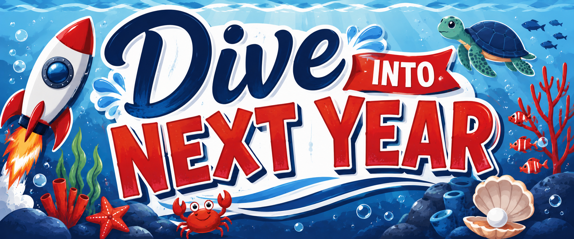 Underwater scene with colorful coral reefs, a turtle, and a rocket. Words "Dive Into Next Year" in blue, red, and white.