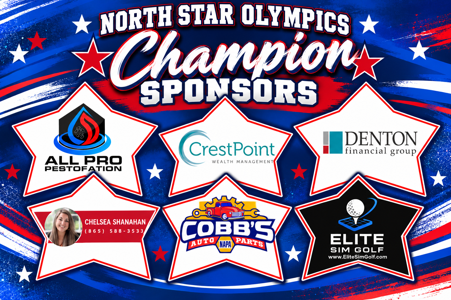 Banner with five star logos of sponsors for a school event, including CrestPoint, Denton Financial Group, All Pro Restoration, Cobb's, and Elite Sim Golf.
