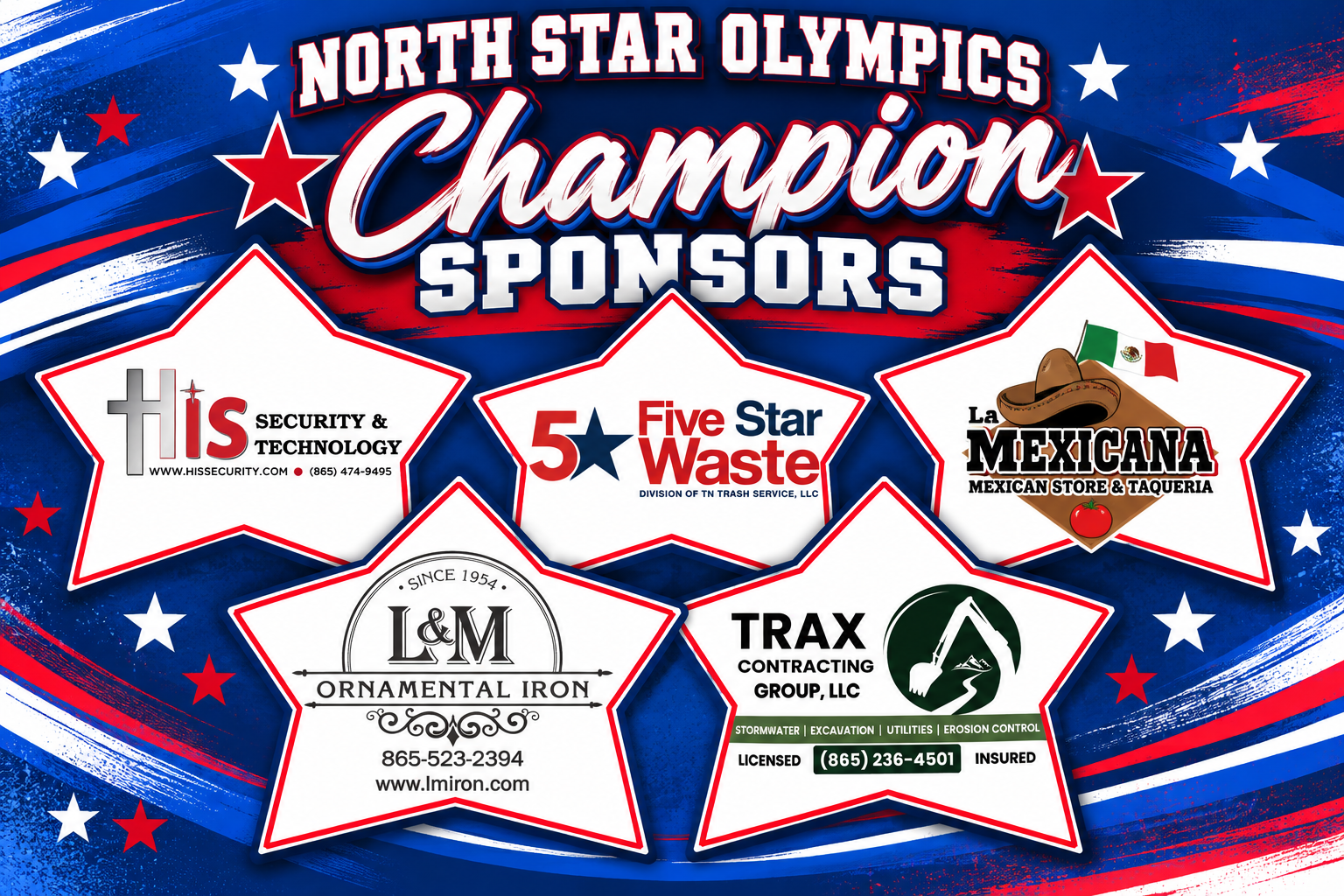 Blue, red, white stars and stripes on a poster with five logos for North Star Olympics Champion Sponsors.