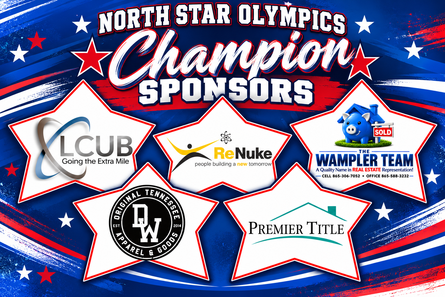 Red, white, and blue background with five logos: LCUB, ReNuke, Wampler Team, Original Tennessee Barrel & Boards, Premier Title.