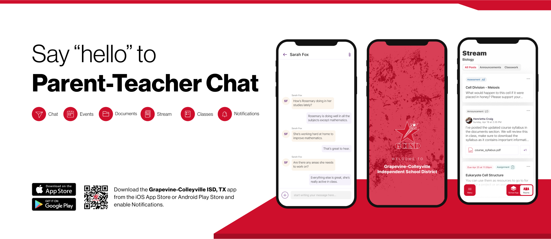 Say hello to Parent-Teacher chat in the new Rooms app. Download the Grapevine-Colleyville Independent School District app in the Google Play or Apple App store.