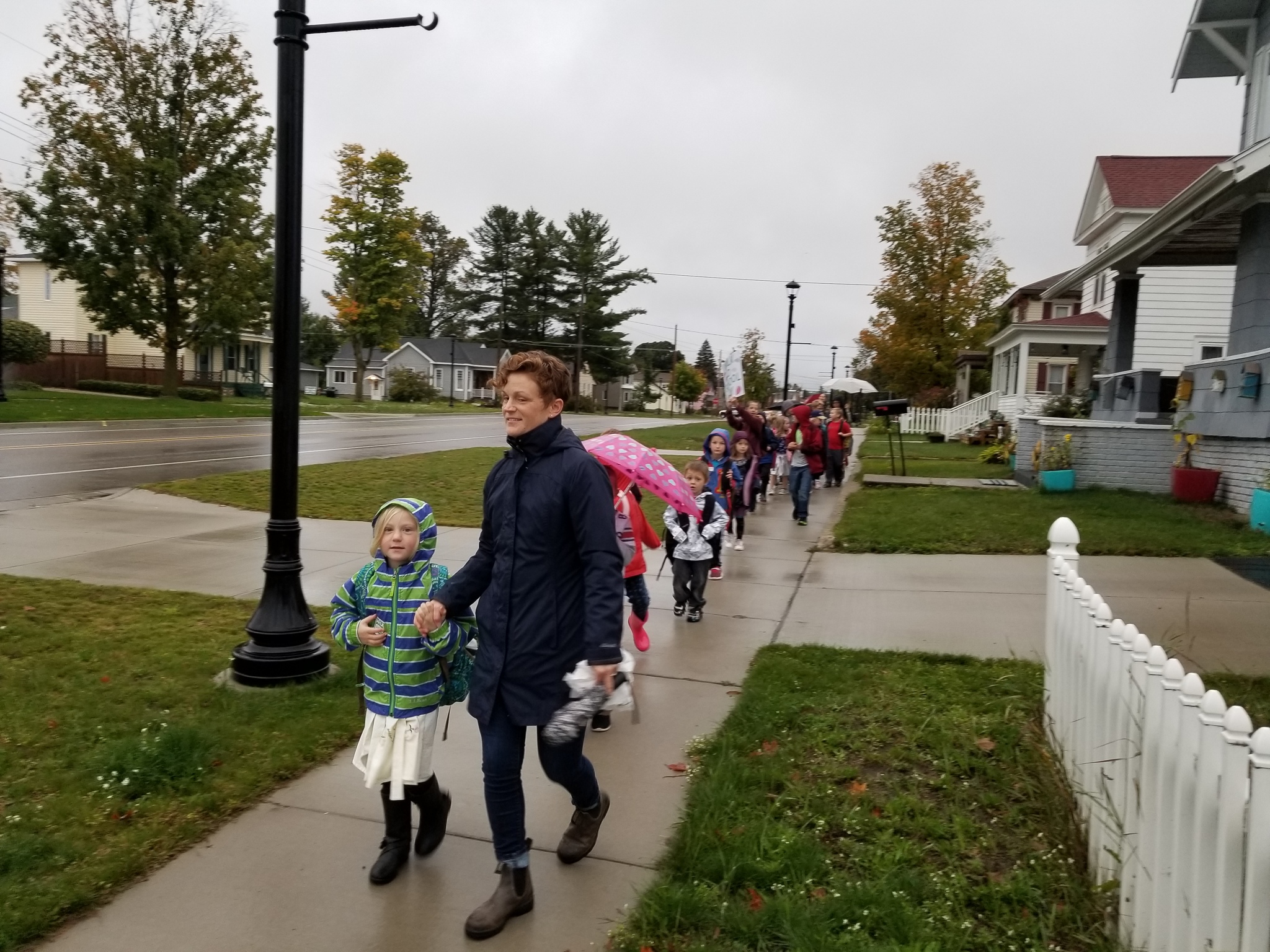On National Walk to School Day, elementary students walked from the middle school to the elementary school - September 2020