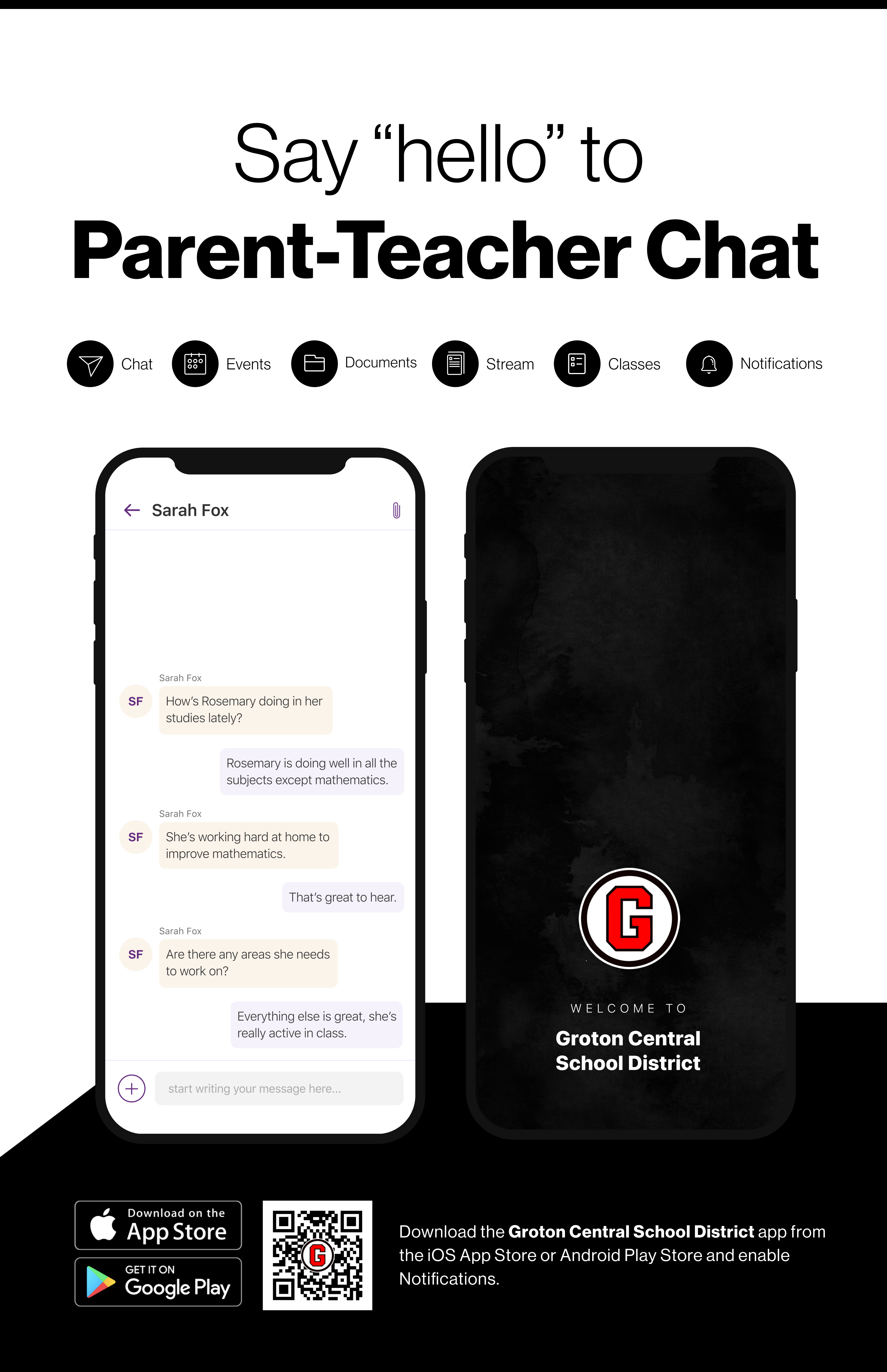 Say hello to Parent-Teacher chat in the new Rooms app. Download the Groton Central School District app in the Google Play or Apple App store.