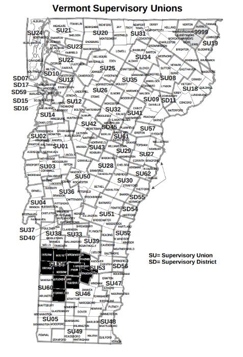 a map of Vermont denoting all of the Supervisory Unions. BRSU is in black, close to the southwest corner of the state