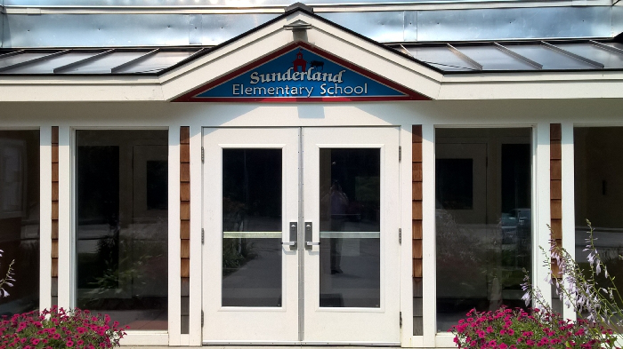 exterior shot of the front doors of Sunderland Elementary School